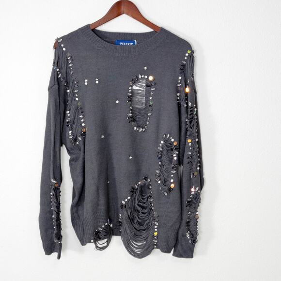 NEW Aelfric Eden Women’s Sweater Distressed Knit Beaded Gray Pullover Size XL - Picture 1 of 10